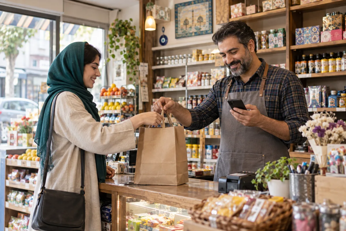 فروشگاه کوچک محلی هنگام تحویل سفارش آماده به مشتری
